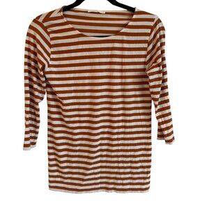COS Striped 3/4 Sleeve Boat-Neck Top in Brown and White, Size Small